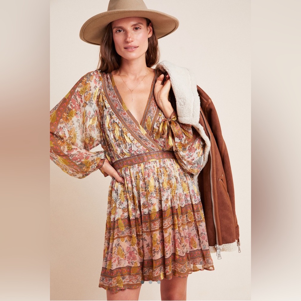 Love Sam Saffron Shimmer Tunic Long Sleeve Mini Dress Gold Brown Cream F…